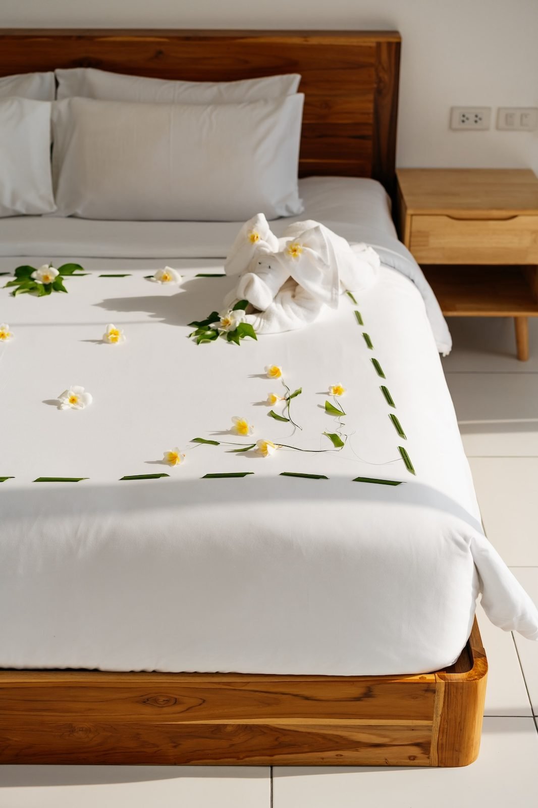Master bedroom turndown — frangipani and white linen